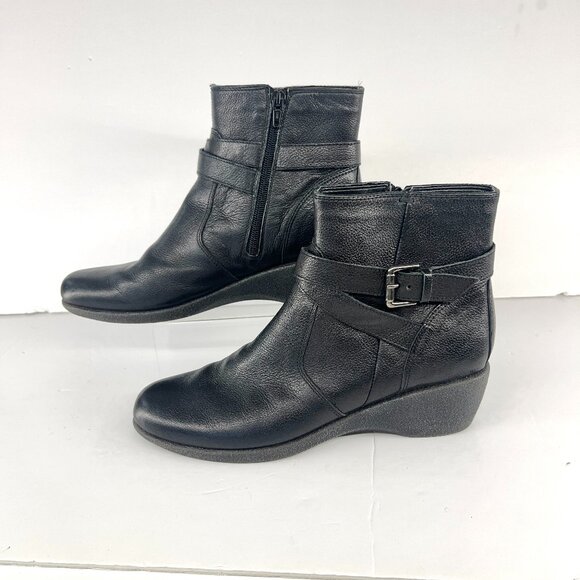 Sz 9 The‎ Flexx Black Leather Buckle Zip Up Felt Lined Wedge Ankle Boot Bootie - Picture 1 of 15
